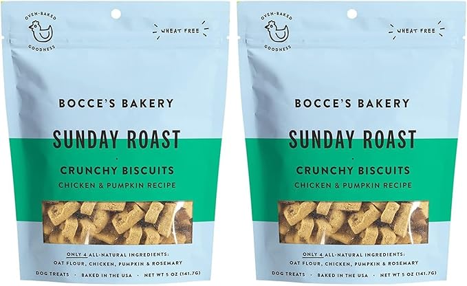 Bocce's Bakery Oven Baked Sunday Roast Treats for Dogs, Everyday Wheat-Free Dog Treats, Made with Real Ingredients, Baked in The USA, All-Natural Chicken & Pumpkin Biscuits, 5 oz (Pack of 2)