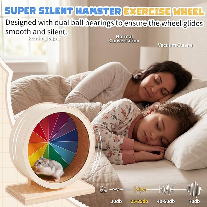 Geelin 7 Inch Hamster Wooden Silent Wheel, Rainbow Printed Small Animal Exercise Wheel, Quiet Spinner Hamster Running Wheels Prevent Depression Toys for Hamsters, Gerbils, Mice and Other Small Pets