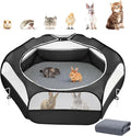2-in-1 Small Animals Playpen with Pad, Waterproof Small Pet Cage Tent with Reusable Pad, Portable Outdoor Yard Fence with 3 Metal Rod for Chick/Kitten/Puppy/Guinea Pig/Rabbits/Chinchillas, Black+Gray