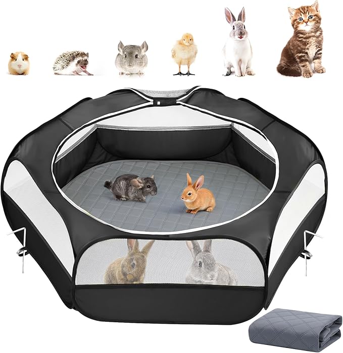 2-in-1 Small Animals Playpen with Pad, Waterproof Small Pet Cage Tent with Reusable Pad, Portable Outdoor Yard Fence with 3 Metal Rod for Chick/Kitten/Puppy/Guinea Pig/Rabbits/Chinchillas, Black+Gray