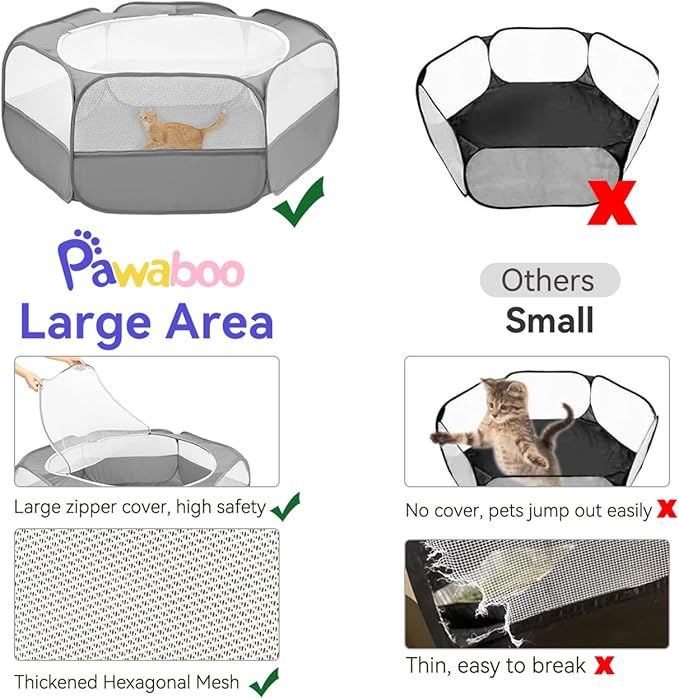 Pawaboo Small Animals Playpen, Portable Chicken Coop Run Large Chick Brooder with Zipper Splicing, Pop Up Pet Enclosure Cat Tent for Guinea Pig Bunny Puppy Indoor Outdoor, Gray