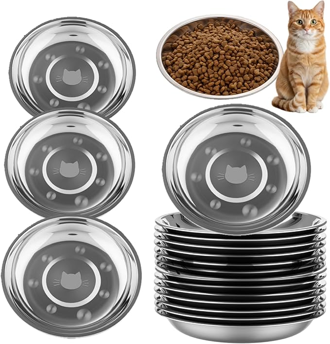 Domensi 12 Pieces Stainless Steel Cat Bowl Metal Pet Food Dish Beard Fatigue Relief Replacement Easy to Clean Indoor Wet Feeding Flat Plates for Dogs Kitten and Other Small Animals(6.3 Inch,Cat)
