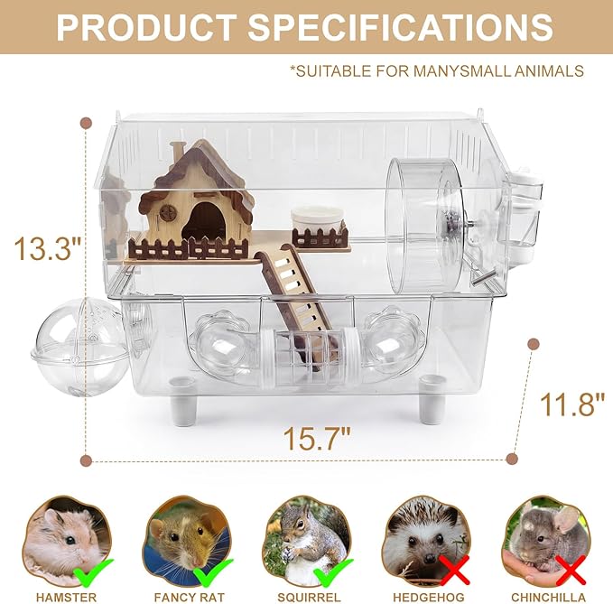 Loungewave Acrylic Hamster Cage, 8 in 1 Gerbil Cage with Accessories, Dwarf Hamster Cage with Full Transparent Viewing, Clear View Inside Easy to Clean, Excellent Ventilation, Classic House Style