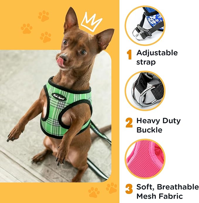 Bark Appeal Green Netted Step-in Dog Harness for XS to Small Sized Pets – Updated Sizing, Remeasuring is Essential – Soft Netted Mesh – Anti-Choke with Adjustable Strap & Heavy Duty Clip – S
