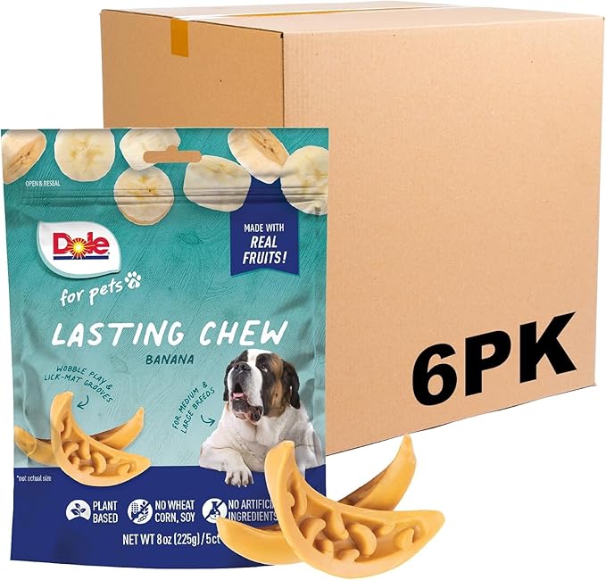 Dole for Pets Freshly Fetched Lasting Chew Banana Flavor Dog Treats, Medium and Large Breeds, No Wheat, Corn, Soy, Artificial Flavors, Colors, or Animal Products, 8 oz, 5 Chews - 6 Pack
