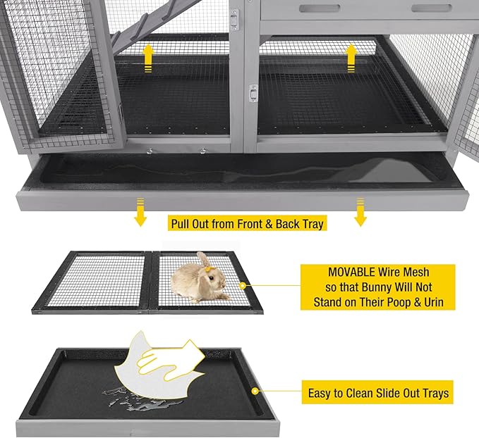 Rabbit Hutch Indoor Rabbit Cage, Large Bunny Hutch Outdoor with Wheels-Removable Wire Netting Include