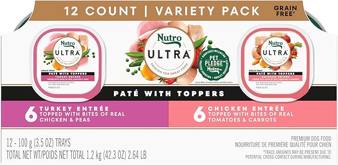 Nutro Ultra Wet Dog Food Pate with Food Toppers for Dogs, Chicken & Turkey Entree Variety Pack, 3.5 oz Trays (12 Count, Pack of 1)