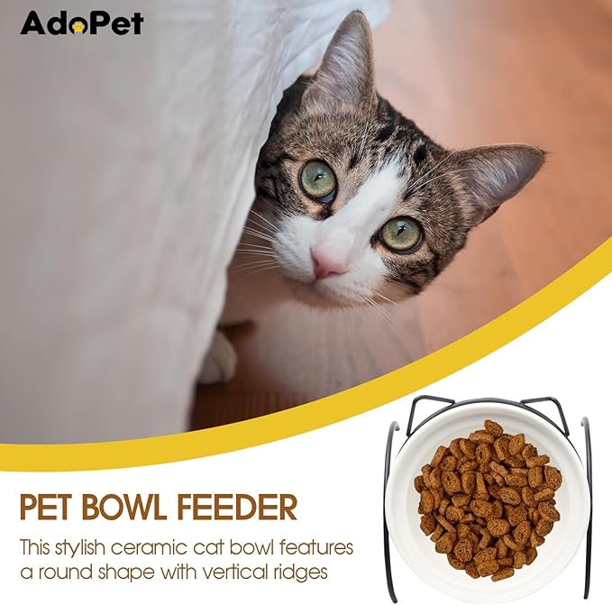 Elevated Ceramic Cat Bowl with Metal Stand – Non-Slip White Pet Food Tray with Herringbone Design Helps Reduce Neck Strain for Small and Medium Cats and Dogs