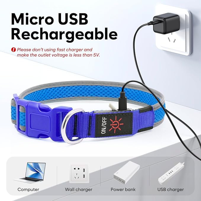Flashseen LED Dog Collar, Light Up Dog Collar USB Rechargeable, Brightest Dog Lights for Night Walking, Adjustable Dog Collar Light for Dog Safety (Blue, Medium)