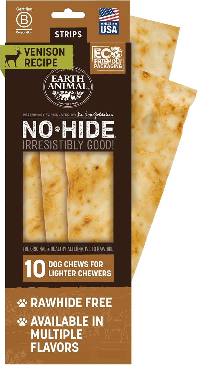 Earth Animal No Hide Strips - Natural Rawhide Free Dog Chew Strips, Venison - 10 Count Value Pack
