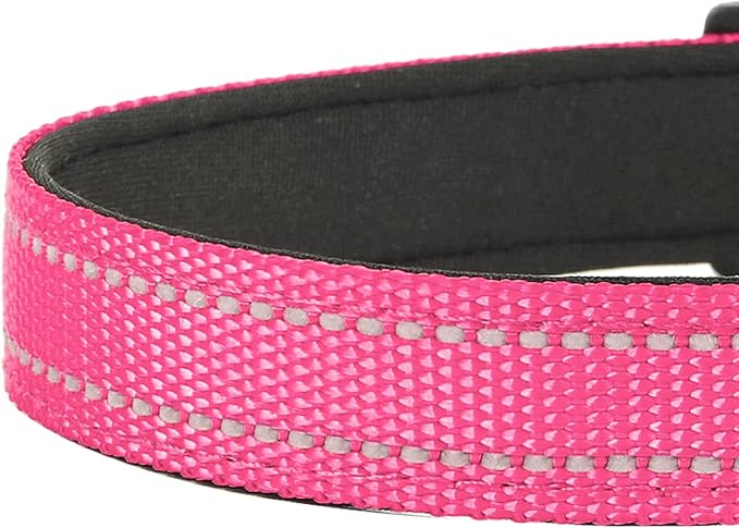 Reflective Dog Collar, Adjustable Soft Neoprene Padded Nylon Pet Collars with Buckle for Medium Dogs, Hotpink,M