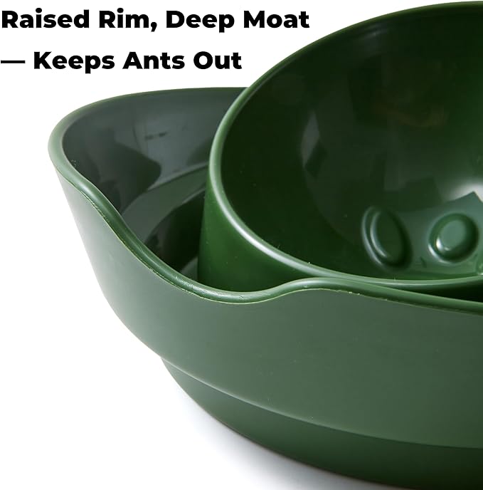 2-Pack Cat Food Ant Barrier Bowls — Ant Proof Cat Food Bowls Tray with Water Moat Design, 10 in Diameter, One-Piece Integrated Bowl, Easy-Clean, Non-Slip Base, Dark Green & Dark Gray
