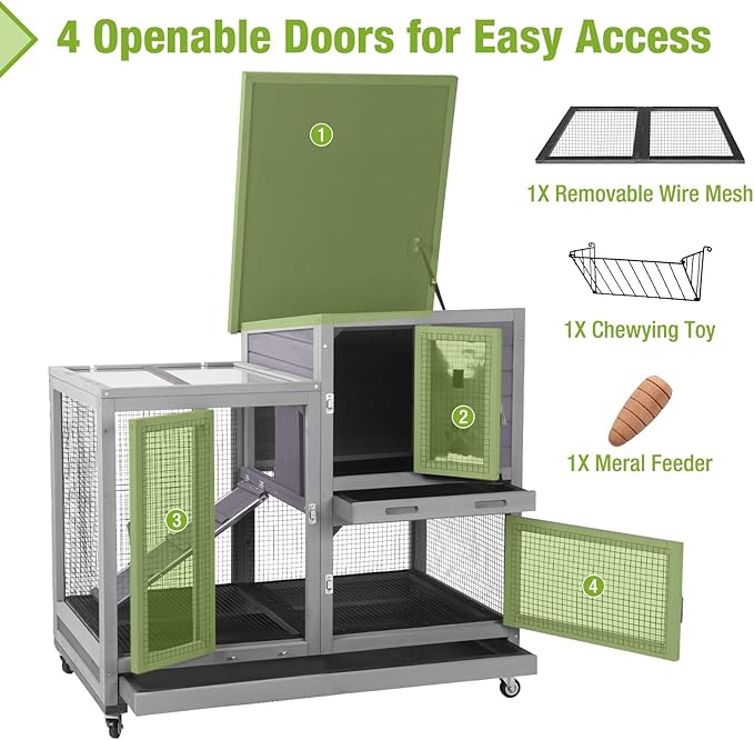 Indoor Rabbit Bunny Hutch Outdoor, Guinea Pig Cages with Removable Bottom Wire Netting - Easy Clean
