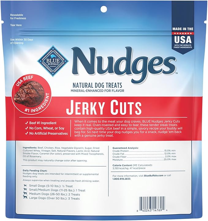 Blue Buffalo Nudges Jerky Cuts Dog Treats, Made in the USA with Natural Ingredients, Steak, 16-oz Bag (Pack of 4)