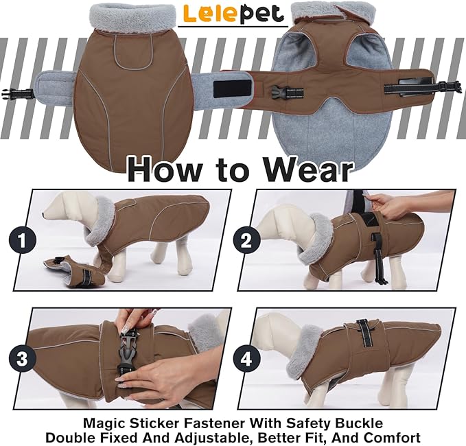 Lelepet Warm Dog Coats for Large Dogs Waterproof Dog Jacket Reflective Pet Fleece Vest Windproof Cold Weather Coats with Adjustable Buckle & Leash Hole, Brown, L