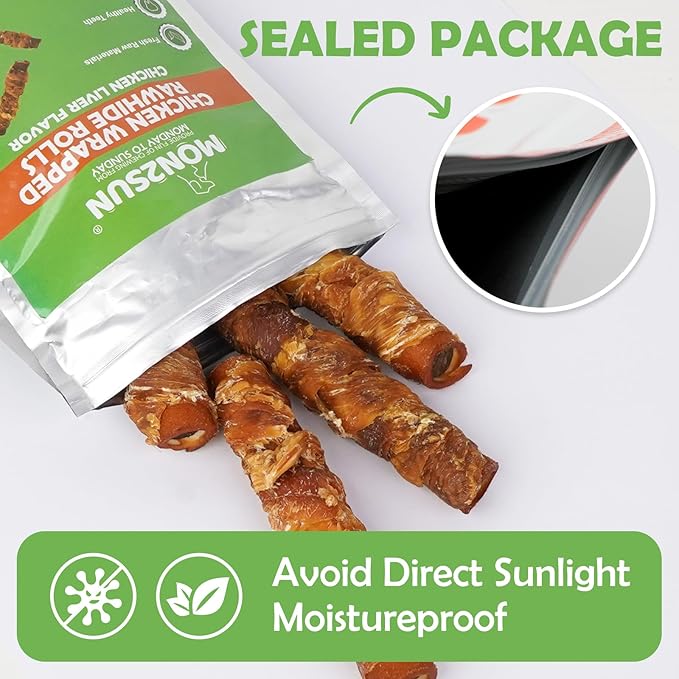 MON2SUN Dog Treats 5 Inch Chicken Wrapped Smoked Stuffed Rawhide Rolls with Chicken Liver, Rawhide Chews for Small and Medium Dogs, 10.6 oz (6 Count)