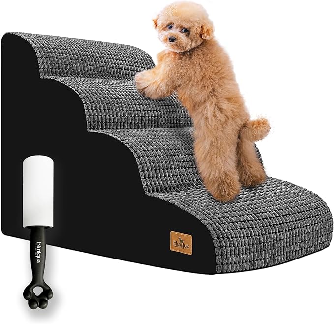 Dog Stairs for Small Dogs, 20.5 in H 4 Step Curved Pet Ramp for High Bed and Couch, Foam Dog Ramp with Durable Non-Slip Waterproof Fabric Cover, Pet Stairs for Pets Joints, Grey