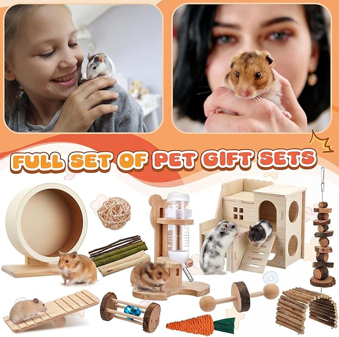 18 Pcs Hamster Cage Accessories, Silent Hamster Wheel, 15 Chew Toys Set, Maze Wood House and Water Bottle Set for Rat Mice Small Animals Habitat (Harmony Wooden Style)