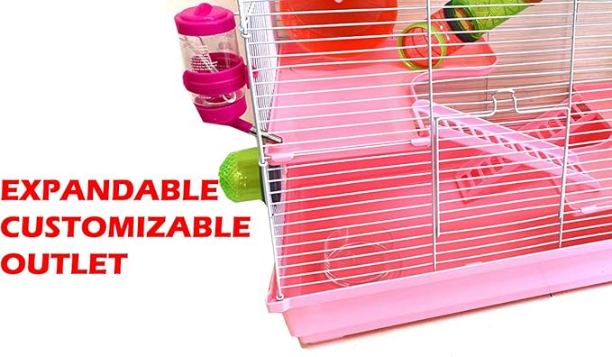 Pink Large Deluxe Dwarf Hamster Expandable and Customizable Habitat House Cage for Rodent Gerbil Mouse Mice Rat with Crossover Tube Tunnel