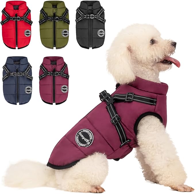 Warm Dog Winter Coat, Dog Cold Weather Jacket with Built-in Harness, Reflective & Adjustable Comfortable Pet Vest, Windproof Apparel for Small Medium Large Dogs (Purple)