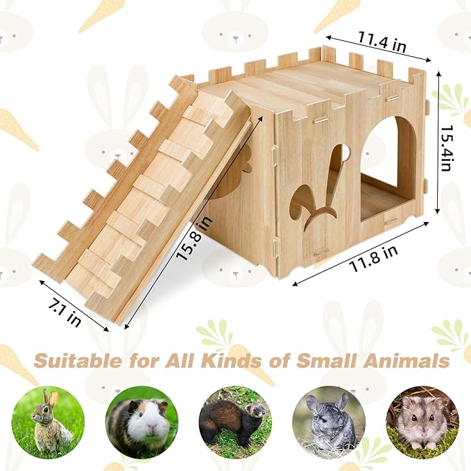 YUEPET Large Wooden Rabbit Castle with Ramp, Rabbit Pig Hideout Detachable Bunny House Indoor Small Animal Houses & Habitats for Adult Bunny Guinea Pig Chinchilla Hide Rest Play