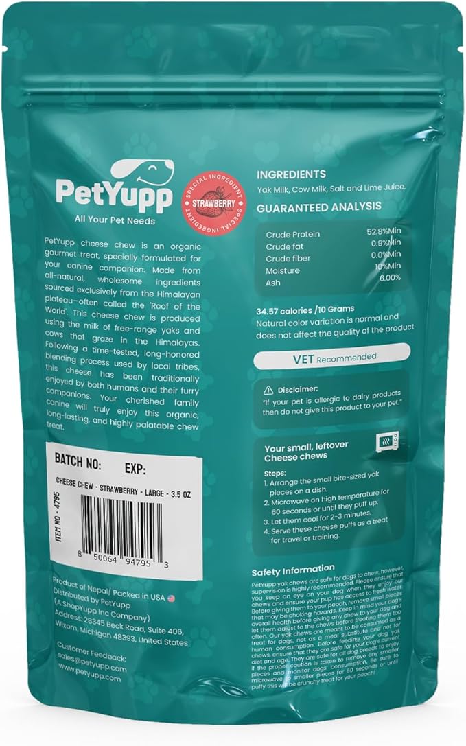 1 Large Strawberry Yak Cheese Himalayan Dog Chews - Rich Protein & Low Fat Strawberry Yak Chews for Dogs - Gluten-Free & Lactose-Free Treats for Small, Medium & Large Dogs