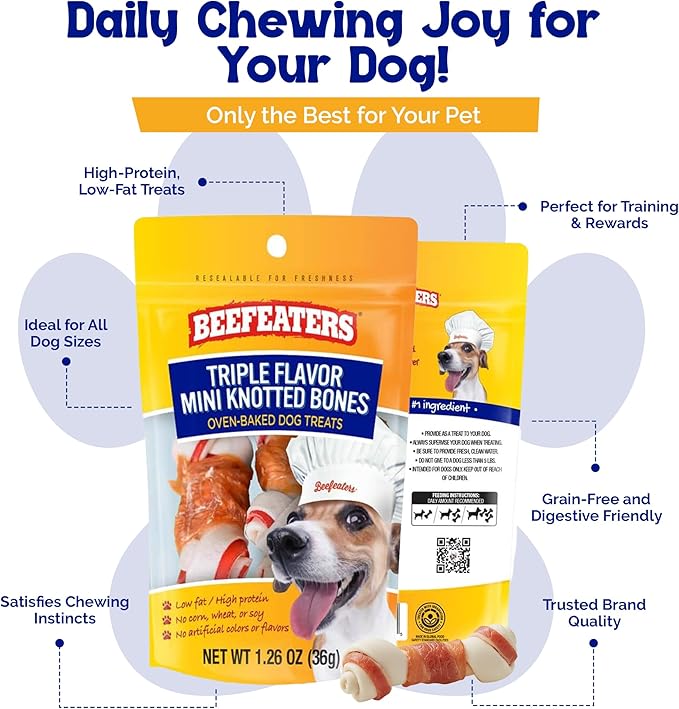Beefeaters Triple Flavor Mini Knotted Bones Treats 1.26oz (Pack of 12) – High Protein Dog Chew Bones, Real Chicken Recipe, No Artificial Additives, Ideal for Training, Small Bones for Puppies & Dogs