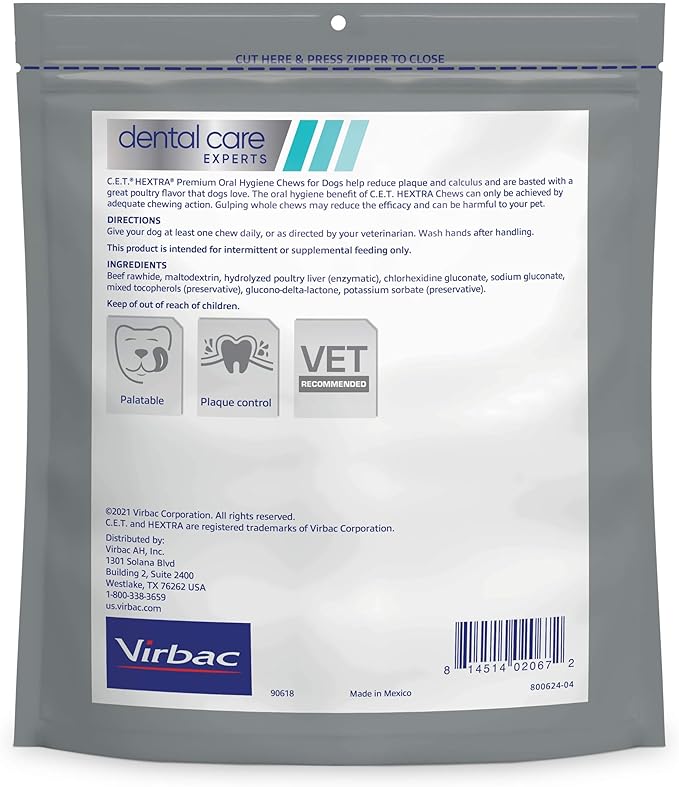 Virbac C.E.T.® HEXTRA® Premium Oral Hygiene Chews for Dogs, Rawhide Coated to Fight Bacteria and Reduce Plaque and Tartar, over 50lbs