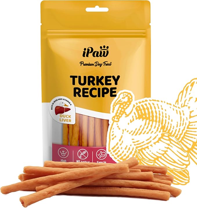 iPaw Turkey Dog Treats, All Natural Human Grade Dog Treat, Suitable for Training chew, Hypoallergenic, Rawhide Alternative, Thin Stick (Duck Liver)
