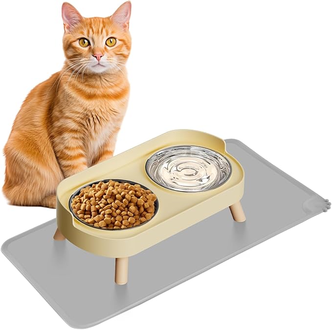 Elevated Cat Bowl with Food Mat, Raised Cat Food and Water Bowl Set for Indoor Cats, Splash Proof with 2 Stainless Steel Pet Food Bowls for Cat and Puppies,Whisker Fatigue and Dishwasher Safe (Yellow)
