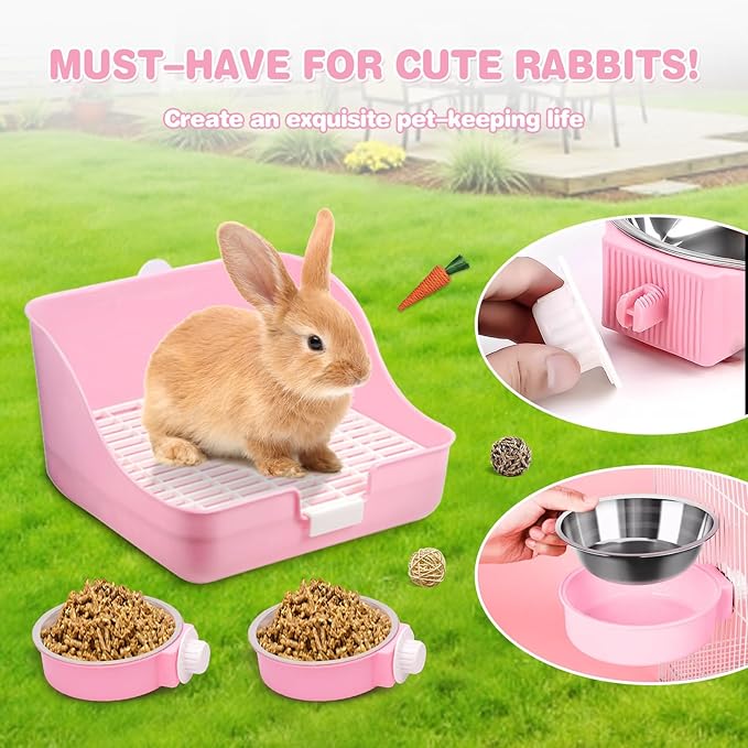 16 Pcs Bunny Grooming Kit,Rabbit Litter Box, Bunny Toys,Blankets with Cleaning Supplies,Pet Toilet Potty with Detachable Hanging Pet Cage Bowl Suitable for Rabbit,Guinea Pig(Pink) (Pink (16PCS))