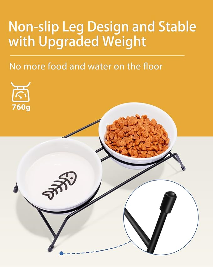 Anti-Vomiting Raised Cat Bowls - 2 × 13 oz Ceramic Cat Food & Water Bowls with Non-Slip Stainless Steel Stand, Dishwasher Safe for Indoor Cats