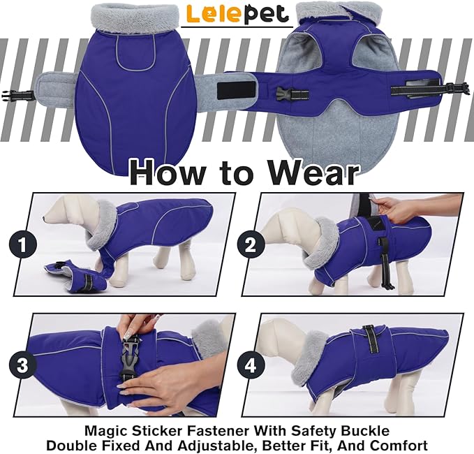 Lelepet Warm Dog Winter Coat Waterproof Dog Jacket with Adjustable Buckle & Leash Hole Reflective Pet Fleece Snowsuit Turtleneck Windproof Cold Weather Coats, Blue, S