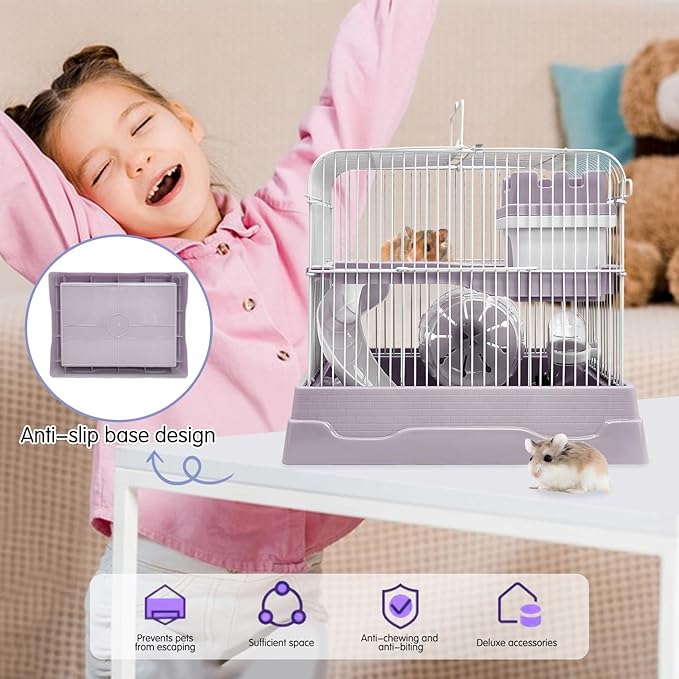 PINVNBY 2-Tier Dwarf Hamster Cage, Hamsters Travel Cage Portable Mouse Cages with Running Exercise Wheels, Water Bottle and Food Dish for Hamster Mouse Rat 11.7 * 8.7 * 9.38 in (Gray)