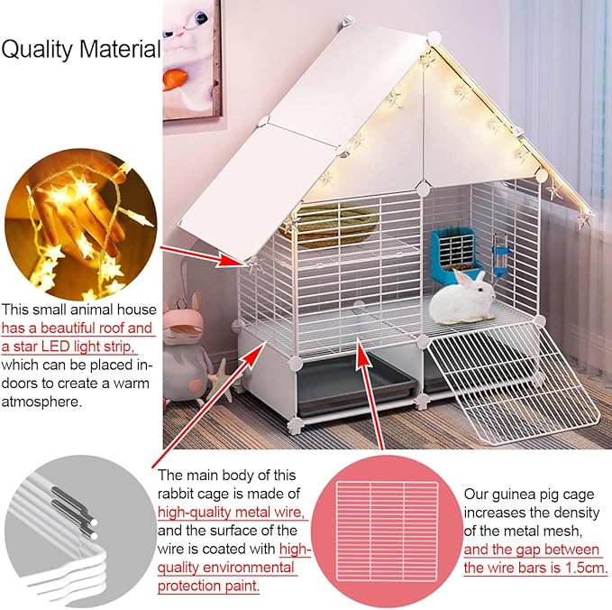 Choowin 2-Story Small Rabbit Cage Bunny Hutch Guinea Pig Cage Small Animals Cage, Metal Wire Netting Villa with Pull-Out Tray, Indoor Habitat Cage for Ferret Chinchilla Hedgehog, White