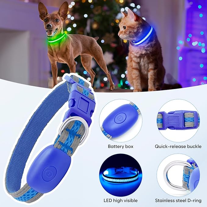Flashseen LED Dog Collar, Light Up Dog Collar USB Rechargeable, Brightest Dog Lights for Night Walking, Adjustable Dog Collar Light for Dog Safety (Blue, X-Small)