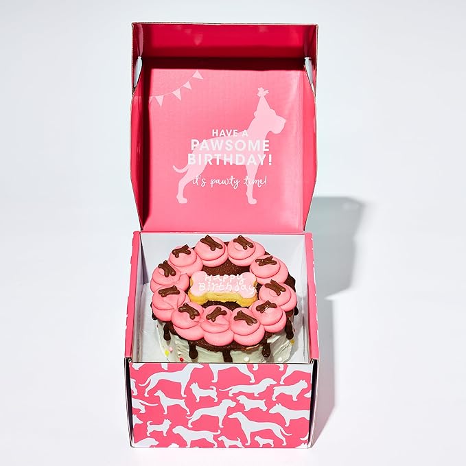 Thoughtfully Pets, Pink Dog Happy Birthday Mini Cookie Cake, Peanut Butter Flavored, Hand Decorated Hollow Biscuit Dog Treat Cake for All Small Large Breeds