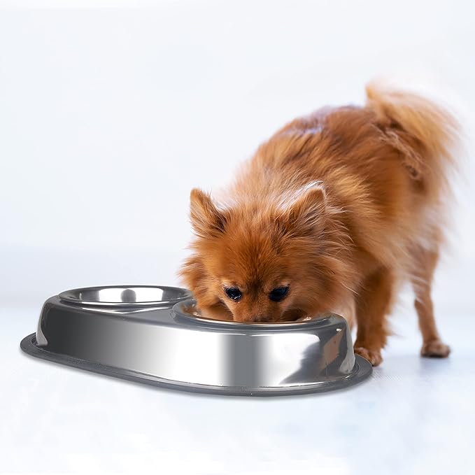 Van Ness Pets Stainless Steel Double Dish Food And Water Bowl For Cats/Small Dogs, 16 OZ, Wide No-Tip Base