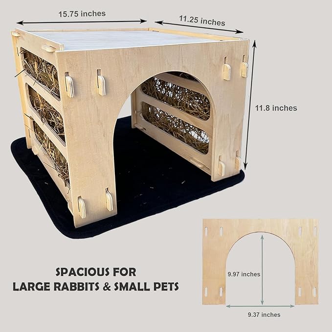 Kiwi&Mora Bunny House Hideout – Rabbit Hideout for Bunnies, Guinea Pigs & Other Pets | Large Indoor Wooden Tunnel Bed with Hay Feeder, Enrichment Toys & Accessories – Easy to Assemble & Clean