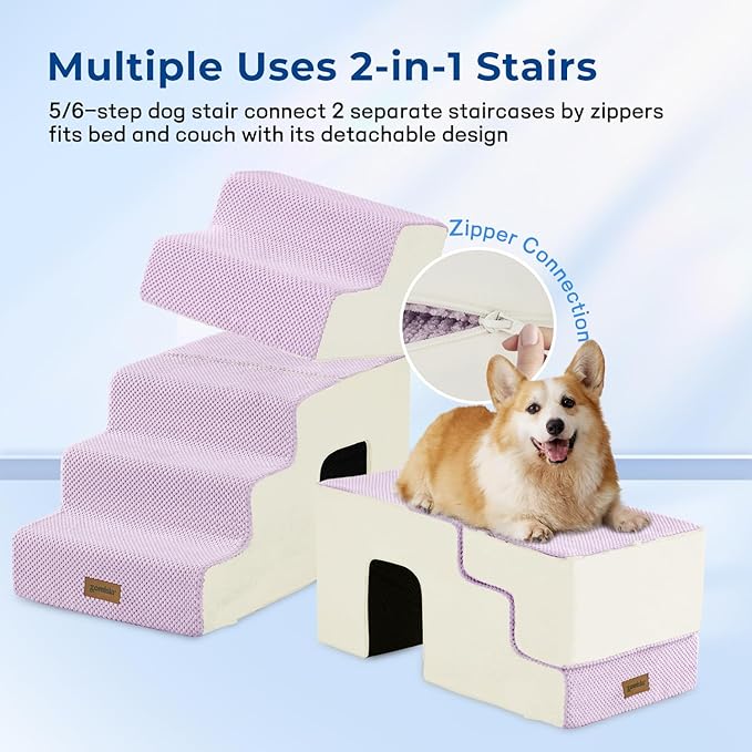 ZOMISIA Dog Steps for High Beds - 5 Step 24" H Pet Stairs with Tunnel 2 in 1 with Zippers Suitable for Small Dogs and Cats, Indoor Cat Ladders with Non-Slip Bottom, Beige
