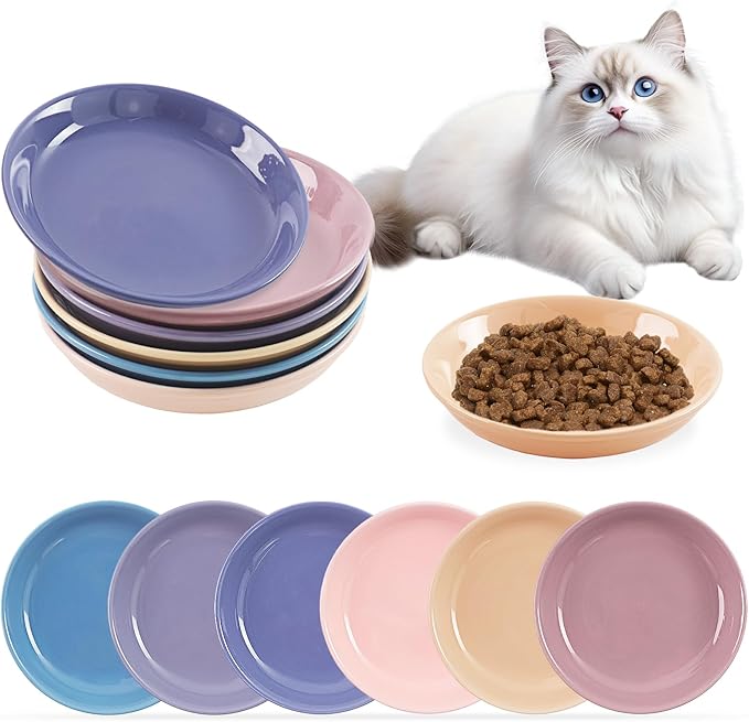 6 Pack Cat Food Bowl, Ceramic Cat Bowls, Anti Whisker Fatigue Cats Bowl Set,5.5 Inches Shallow Wide Kitten Plates for Food and Water (CaiSe-A)