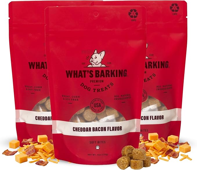 What's Barking Soft Bites, Soft Chewy Dog Treats for Training or Snacking, Pet Essentials, Bite Size Pieces for Dogs, Natural Ingredients, Made in USA, Resealable Bag (Pack of 3, Cheddar Bacon)