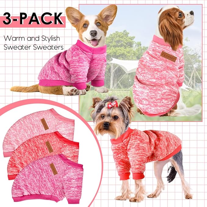 3 Pack Dog Sweaters for Small Dogs Girl Boy Winter Fleece Clothes Warm Soft Dog Sweatshirt Outfit for Dogs Cats Pet Apparel (Rose+Red+Pink, Medium)