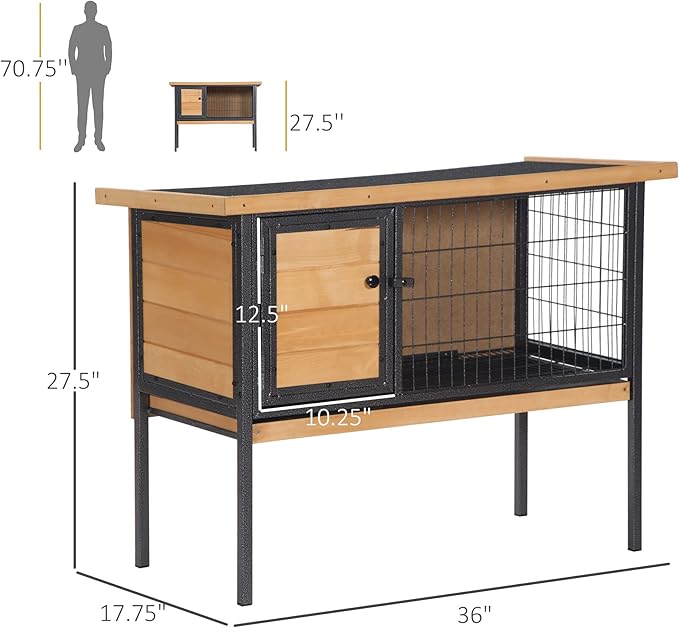 PawHut Rabbit Hutch Elevated Bunny Cage Small Animal Habitat with Metal Frame, No Leak Tray, Metal Wire Pan, Openable Water-Resistant Asphalt Roof for Rabbits, Chickens, Ducks, Indoor/Outdoor Natural