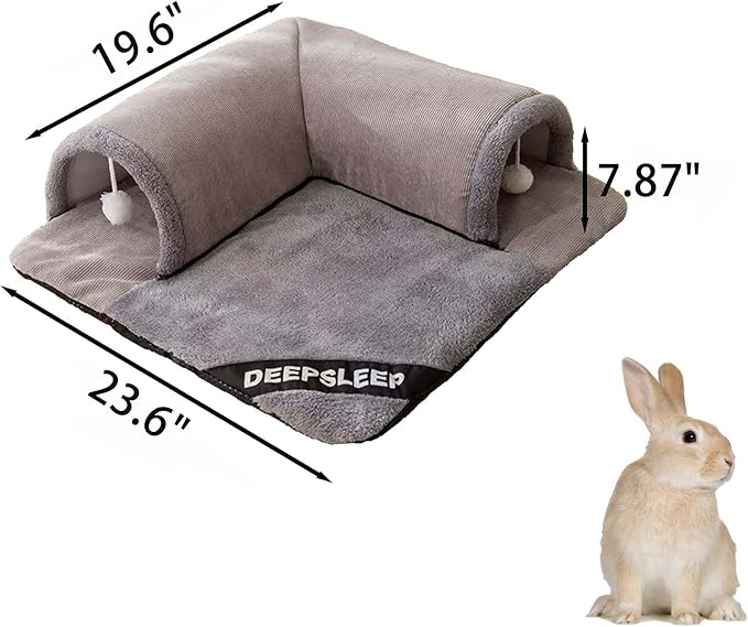 Rabbit Tunnel Bed with Removable Plush Mat - Soft Hideout & Play Tube for Bunnies, Guinea Pigs, Chinchillas, Cats, Bunny-Cozy Small Pet Toy, Grey (Grey, Large-23"x23"x1")