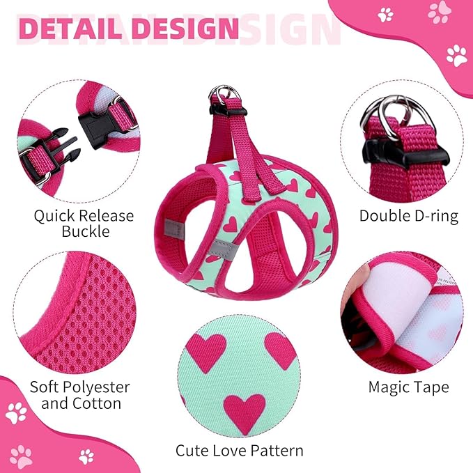 KOOLTAIL Valentines Dog Harness and Leash Set for Small Medium Dogs, Step in No Pull Soft Mesh Dog Harness Padded Pet Vest, Adjustable Reflective Easy Walking Puppy Harnesses Training, Pink Heart XS