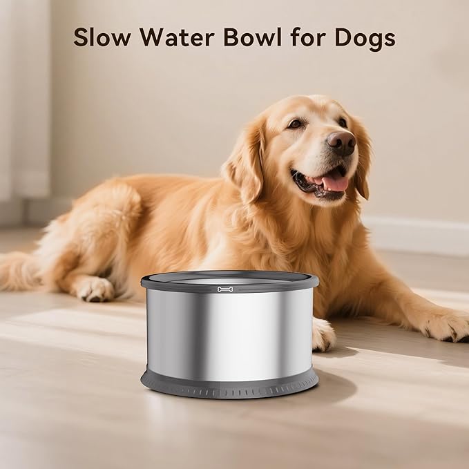 2PCS 2.5L No Spill Dog Water Bowl 84oz Stainless Steel Slow Water Bowl for Small Medium Dogs Splash Proof Pet Bowl with Anti-Slip Mat for Sloppy Messy Drinkers and Cats