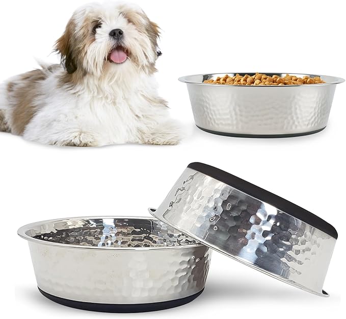 kathson 3PCS Stainless Steel Dog Bowls with Rubber Bottom,Non Slip Cat Bowls Hammered Metal Pet Food and Water Dishes for Kitten Puppy and Small Sized Animals,Dishwasher Safe (5.5in)