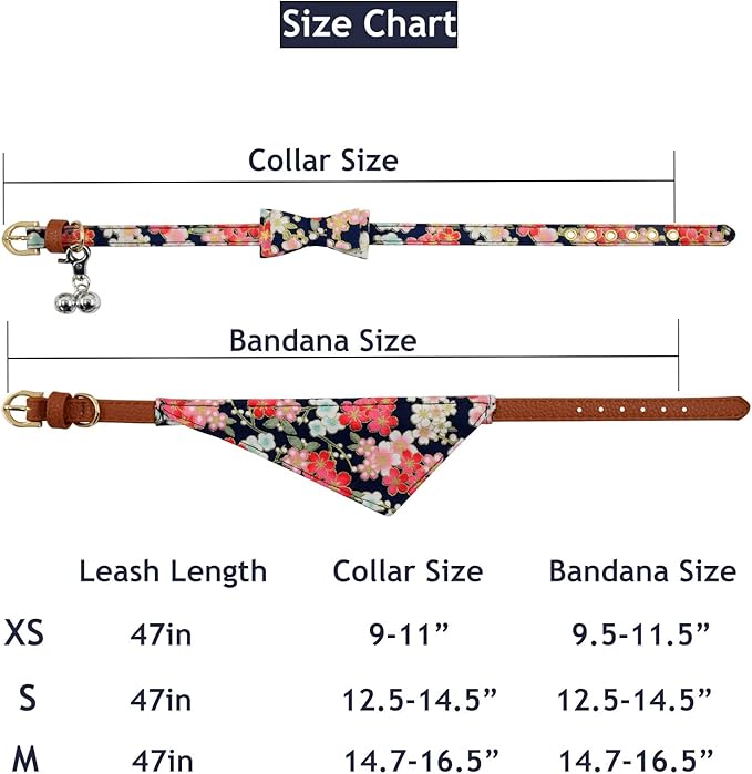 3PCS Bow Tie Dog Collar and Leash Set Plaid/Camo/Dots/Flower Dog Bandanas with Bell 3 Size Adjustable for Small Dogs Puppies and Cats (XS, Black Flower)