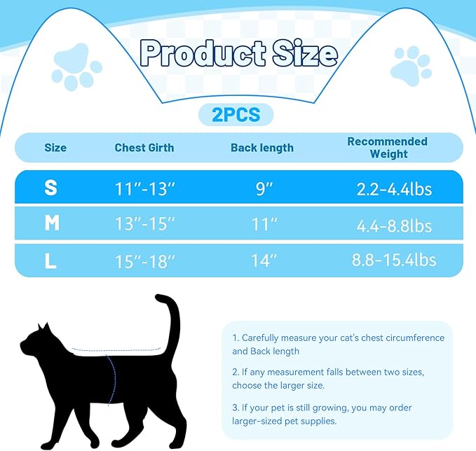 2PCS Blue Breathable Modal Cotton Cat Surgery Recovery Suit - Size S (Fits 2-4Kg), Elastic Lick-Proof Female Cat Onesie with Adjustable Collar, Pet Care for Spay Recovery & Weaning (S)